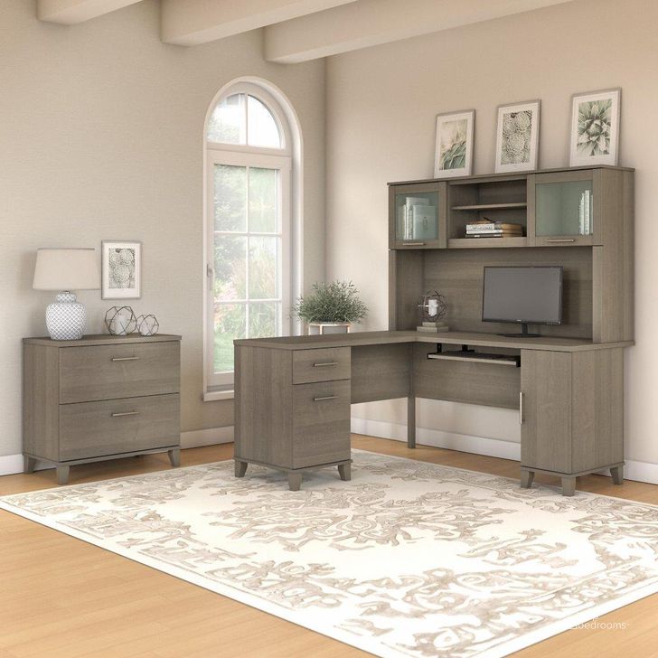 The appearance of Bush Furniture Somerset 60W L Shaped Desk with Hutch and Lateral File Cabinet in Ash Gray designed by Bush Furniture in the modern / contemporary interior design. This ash gray piece of furniture  was selected by 1StopBedrooms from Somerset Collection to add a touch of cosiness and style into your home. Sku: SET008AG. Product Type: Desk & Hutch. Image1