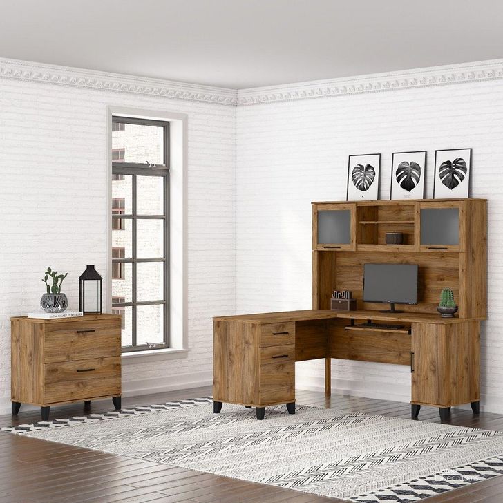 The appearance of Bush Furniture Somerset 60W L Shaped Desk with Hutch and Lateral File Cabinet in Fresh Walnut designed by Bush Furniture in the modern / contemporary interior design. This fresh walnut piece of furniture  was selected by 1StopBedrooms from Somerset Collection to add a touch of cosiness and style into your home. Sku: SET008FW. Product Type: Desk & Hutch. Image1