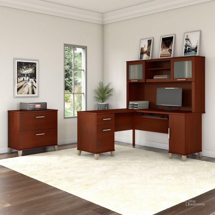 The appearance of Bush Furniture Somerset 60W L Shaped Desk with Hutch and Lateral File Cabinet in Hansen Cherry designed by Bush Furniture in the modern / contemporary interior design. This hansen cherry piece of furniture  was selected by 1StopBedrooms from Somerset Collection to add a touch of cosiness and style into your home. Sku: SET008HC. Product Type: Desk & Hutch. Image1