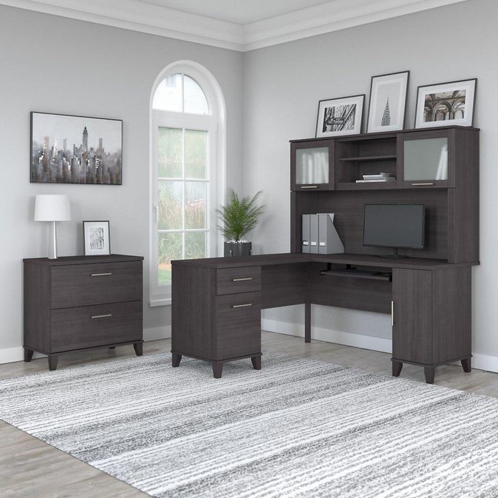 The appearance of Bush Furniture Somerset 60W L Shaped Desk with Hutch and Lateral File Cabinet in Storm Gray designed by Bush Furniture in the modern / contemporary interior design. This storm gray piece of furniture  was selected by 1StopBedrooms from Somerset Collection to add a touch of cosiness and style into your home. Sku: SET008SG. Product Type: Desk & Hutch. Image1