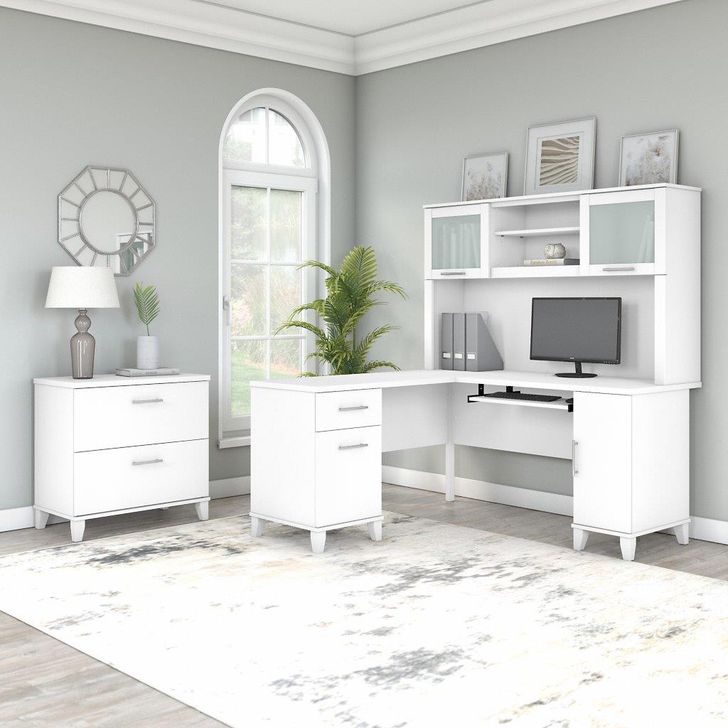 The appearance of Bush Furniture Somerset 60W L Shaped Desk with Hutch and Lateral File Cabinet in White designed by Bush Furniture in the modern / contemporary interior design. This white piece of furniture  was selected by 1StopBedrooms from Somerset Collection to add a touch of cosiness and style into your home. Sku: SET008WH. Product Type: Desk & Hutch. Image1