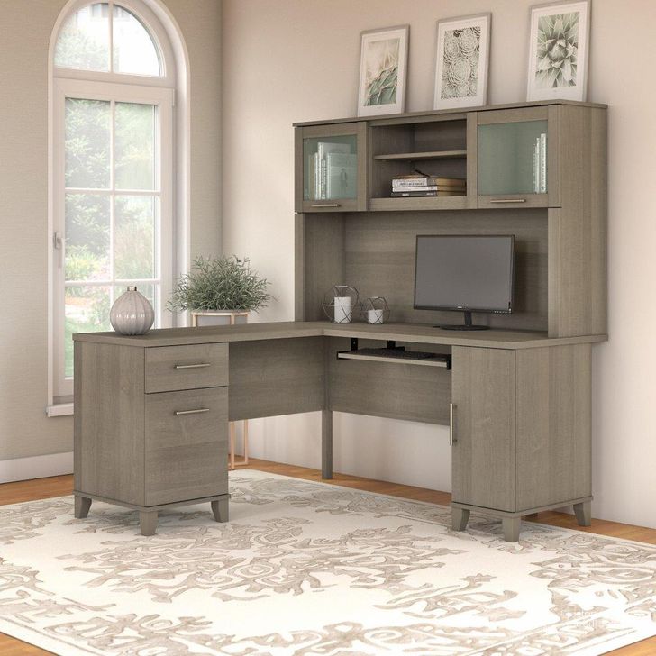 The appearance of Bush Furniture Somerset 60W L Shaped Desk with Hutch in Ash Gray designed by Bush Furniture in the modern / contemporary interior design. This ash gray piece of furniture  was selected by 1StopBedrooms from Somerset Collection to add a touch of cosiness and style into your home. Sku: SET002AG. Product Type: Desk & Hutch. Image1