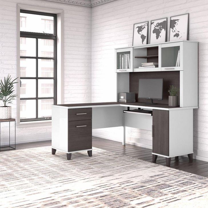The appearance of Bush Furniture Somerset 60W L Shaped Desk with Hutch in White and Storm Gray designed by Bush Furniture in the modern / contemporary interior design. This storm gray and white piece of furniture  was selected by 1StopBedrooms from Somerset Collection to add a touch of cosiness and style into your home. Sku: SET002SGWH. Product Type: Desk & Hutch. Image1
