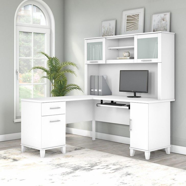 The appearance of Bush Furniture Somerset 60W L Shaped Desk with Hutch in White designed by Bush Furniture in the modern / contemporary interior design. This white piece of furniture  was selected by 1StopBedrooms from Somerset Collection to add a touch of cosiness and style into your home. Sku: SET002WH. Product Type: Desk & Hutch. Image1