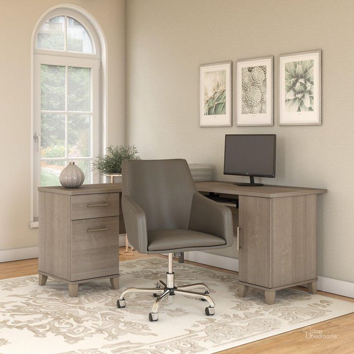 The appearance of Bush Furniture Somerset 60W L Shaped Desk with Mid Back Leather Box Chair in Ash Gray designed by Bush Furniture in the modern / contemporary interior design. This ash gray piece of furniture  was selected by 1StopBedrooms from Somerset Collection to add a touch of cosiness and style into your home. Sku: SET022AG. Product Type: Home Office Set. Image1