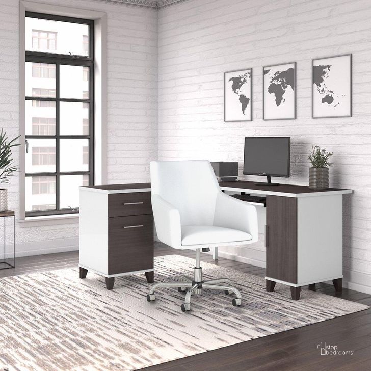 The appearance of Bush Furniture Somerset 60W L Shaped Desk with Mid Back Leather Box Chair in White and Storm Gray designed by Bush Furniture in the modern / contemporary interior design. This storm gray and white piece of furniture  was selected by 1StopBedrooms from Somerset Collection to add a touch of cosiness and style into your home. Sku: SET022SGWH. Product Type: Home Office Set. Image1