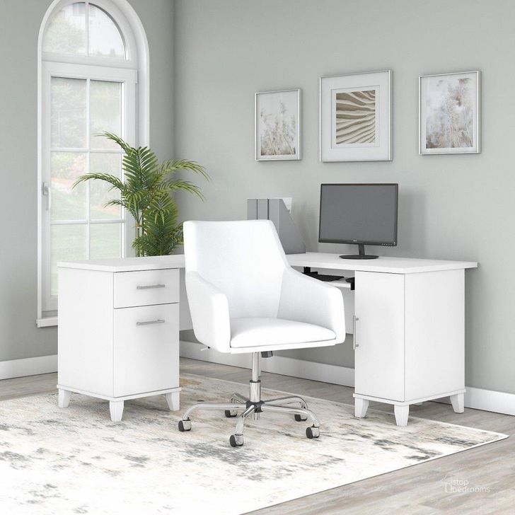 The appearance of Bush Furniture Somerset 60W L Shaped Desk with Mid Back Leather Box Chair in White designed by Bush Furniture in the modern / contemporary interior design. This white piece of furniture  was selected by 1StopBedrooms from Somerset Collection to add a touch of cosiness and style into your home. Sku: SET022WH. Product Type: Home Office Set. Image1