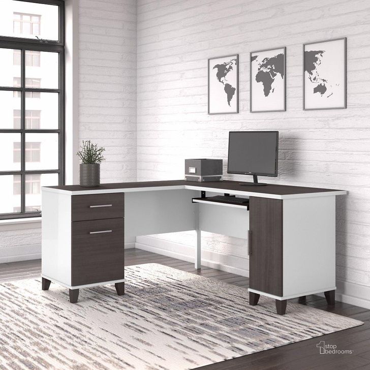 The appearance of Bush Furniture Somerset 60W L Shaped Desk with Storage in White and Storm Gray designed by Bush Furniture in the modern / contemporary interior design. This storm gray and white piece of furniture  was selected by 1StopBedrooms from Somerset Collection to add a touch of cosiness and style into your home. Sku: WC81030K. Product Type: Desk. Image1