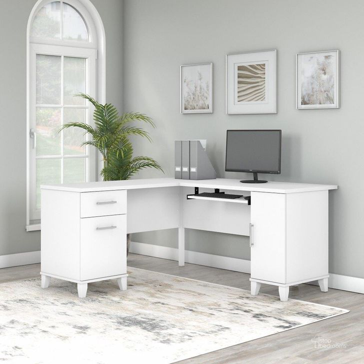 The appearance of Bush Furniture Somerset 60W L Shaped Desk with Storage in White designed by Bush Furniture in the modern / contemporary interior design. This white piece of furniture  was selected by 1StopBedrooms from Somerset Collection to add a touch of cosiness and style into your home. Sku: WC81930K. Product Type: Desk. Image1