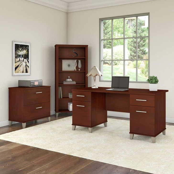 The appearance of Bush Furniture Somerset 60W Office Desk with Lateral File Cabinet and 5 Shelf Bookcase in Hansen Cherry designed by Bush Furniture in the modern / contemporary interior design. This hansen cherry piece of furniture  was selected by 1StopBedrooms from Somerset Collection to add a touch of cosiness and style into your home. Sku: SET013HC. Product Type: Office Desk. Image1