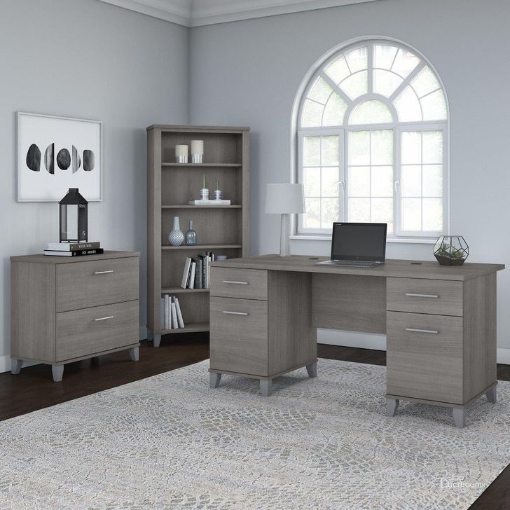 The appearance of Bush Furniture Somerset 60W Office Desk with Lateral File Cabinet and 5 Shelf Bookcase in Platinum Gray designed by Bush Furniture in the modern / contemporary interior design. This platinum gray piece of furniture  was selected by 1StopBedrooms from Somerset Collection to add a touch of cosiness and style into your home. Sku: SET013PG. Product Type: Office Desk. Image1