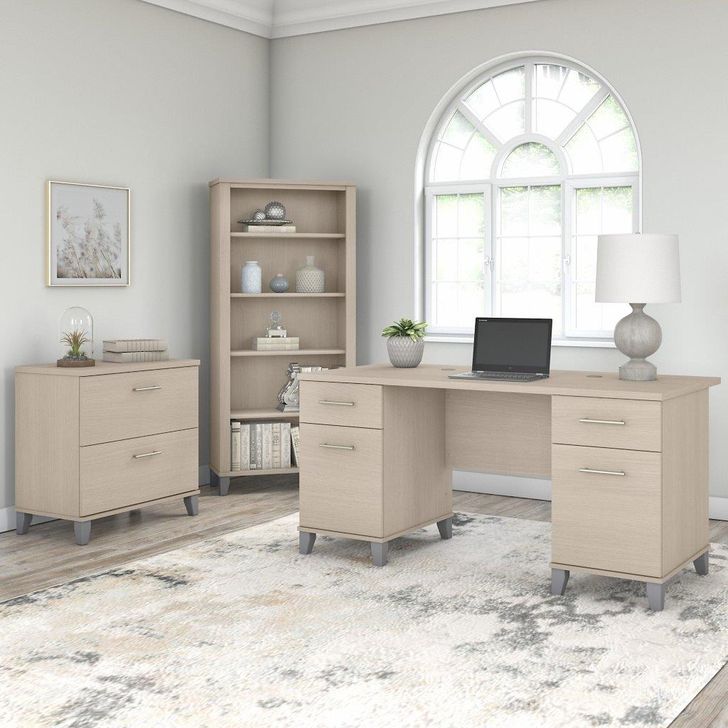 The appearance of Bush Furniture Somerset 60W Office Desk with Lateral File Cabinet and 5 Shelf Bookcase in Sand Oak designed by Bush Furniture in the modern / contemporary interior design. This sand oak piece of furniture  was selected by 1StopBedrooms from Somerset Collection to add a touch of cosiness and style into your home. Sku: SET013SO. Product Type: Office Desk. Image1