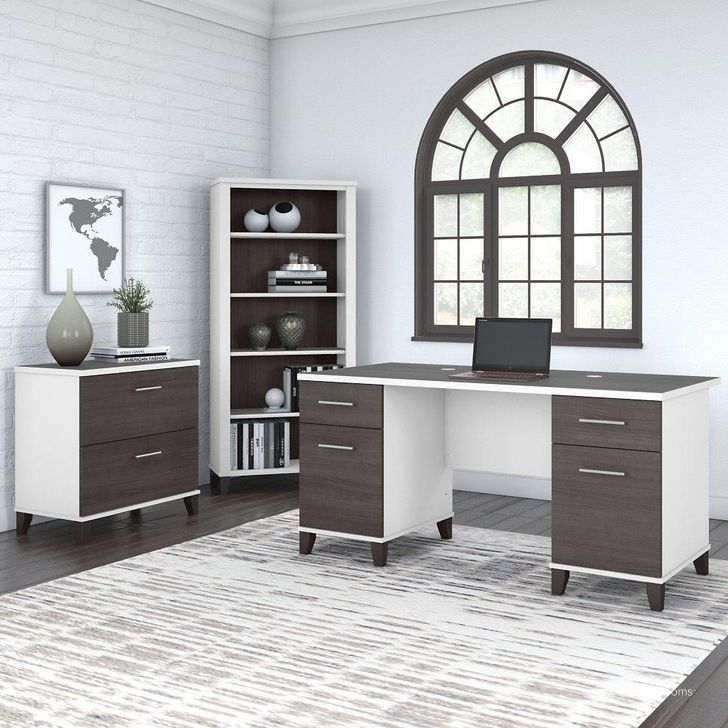 The appearance of Bush Furniture Somerset 60W Office Desk with Lateral File Cabinet and 5 Shelf Bookcase in White and Storm Gray designed by Bush Furniture in the modern / contemporary interior design. This storm gray and white piece of furniture  was selected by 1StopBedrooms from Somerset Collection to add a touch of cosiness and style into your home. Sku: SET013SGWH. Product Type: Office Desk. Image1