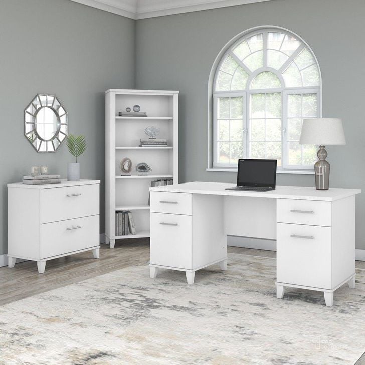 The appearance of Bush Furniture Somerset 60W Office Desk with Lateral File Cabinet and 5 Shelf Bookcase in White designed by Bush Furniture in the modern / contemporary interior design. This white piece of furniture  was selected by 1StopBedrooms from Somerset Collection to add a touch of cosiness and style into your home. Sku: SET013WH. Product Type: Office Desk. Image1