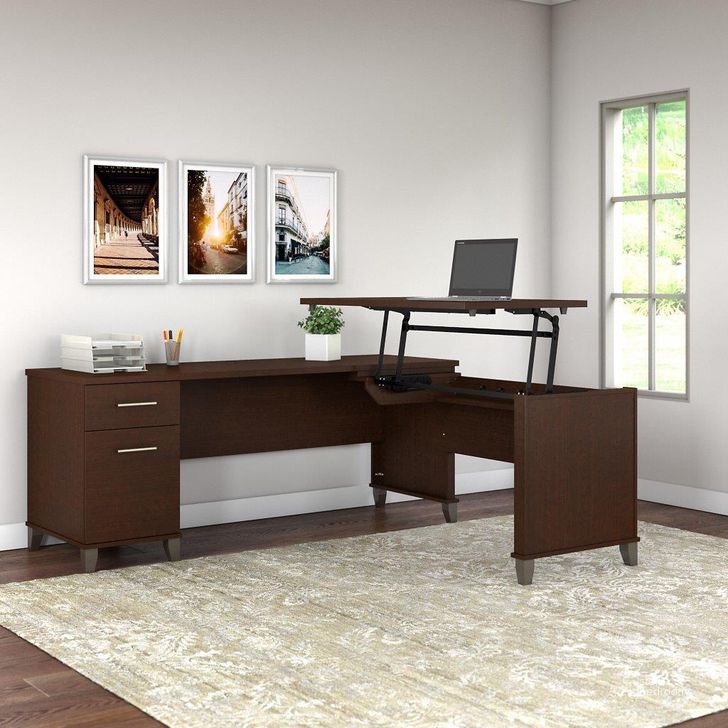 The appearance of Bush Furniture Somerset 72W 3 Position Sit To Stand L Shaped Desk in Mocha Cherry designed by Bush Furniture in the modern / contemporary interior design. This mocha cherry piece of furniture  was selected by 1StopBedrooms from Somerset Collection to add a touch of cosiness and style into your home. Sku: SET014MR. Product Type: Desk. Image1