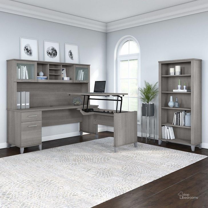 The appearance of Bush Furniture Somerset 72W 3 Position Sit To Stand L Shaped Desk with Hutch and Bookcase in Platinum Gray designed by Bush Furniture in the modern / contemporary interior design. This platinum gray piece of furniture  was selected by 1StopBedrooms from Somerset Collection to add a touch of cosiness and style into your home. Sku: SET017PG. Product Type: Desk & Hutch. Image1