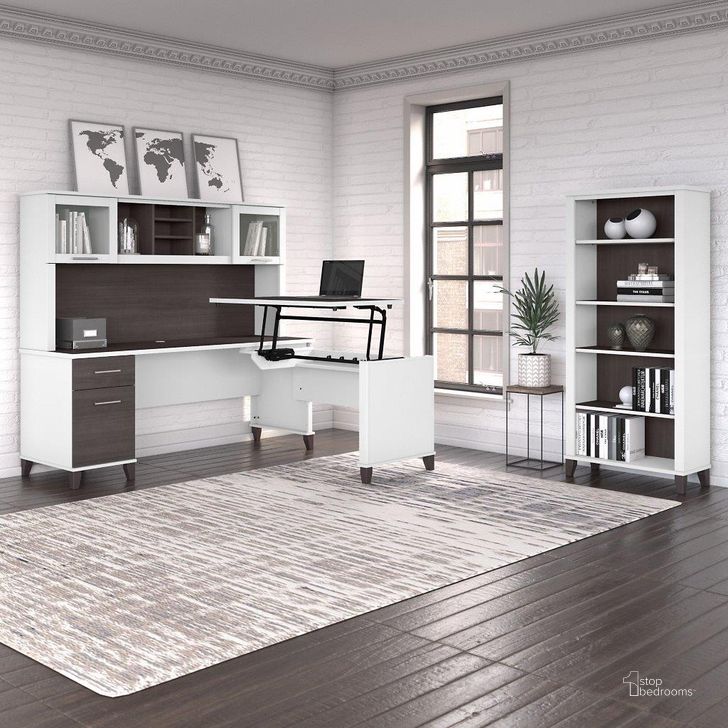 The appearance of Bush Furniture Somerset 72W 3 Position Sit To Stand L Shaped Desk with Hutch and Bookcase in White and Storm Gray designed by Bush Furniture in the modern / contemporary interior design. This storm gray and white piece of furniture  was selected by 1StopBedrooms from Somerset Collection to add a touch of cosiness and style into your home. Sku: SET017SGWH. Product Type: Desk & Hutch. Image1