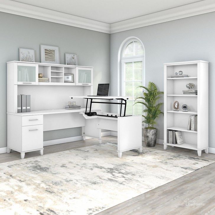 The appearance of Bush Furniture Somerset 72W 3 Position Sit To Stand L Shaped Desk with Hutch and Bookcase in White designed by Bush Furniture in the modern / contemporary interior design. This white piece of furniture  was selected by 1StopBedrooms from Somerset Collection to add a touch of cosiness and style into your home. Sku: SET017WH. Product Type: Desk & Hutch. Image1