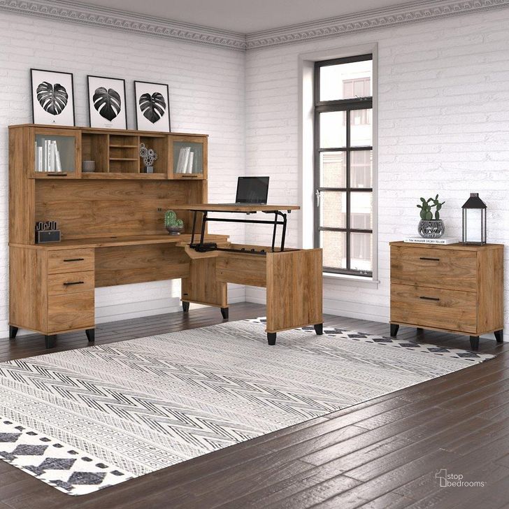 The appearance of Bush Furniture Somerset 72W 3 Position Sit To Stand L Shaped Desk with Hutch and File Cabinet in Fresh Walnut designed by Bush Furniture in the modern / contemporary interior design. This fresh walnut piece of furniture  was selected by 1StopBedrooms from Somerset Collection to add a touch of cosiness and style into your home. Sku: SET016FW. Product Type: Desk & Hutch. Image1