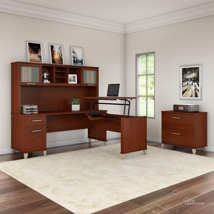 The appearance of Bush Furniture Somerset 72W 3 Position Sit To Stand L Shaped Desk with Hutch and File Cabinet in Hansen Cherry designed by Bush Furniture in the modern / contemporary interior design. This hansen cherry piece of furniture  was selected by 1StopBedrooms from Somerset Collection to add a touch of cosiness and style into your home. Sku: SET016HC. Product Type: Desk & Hutch. Image1