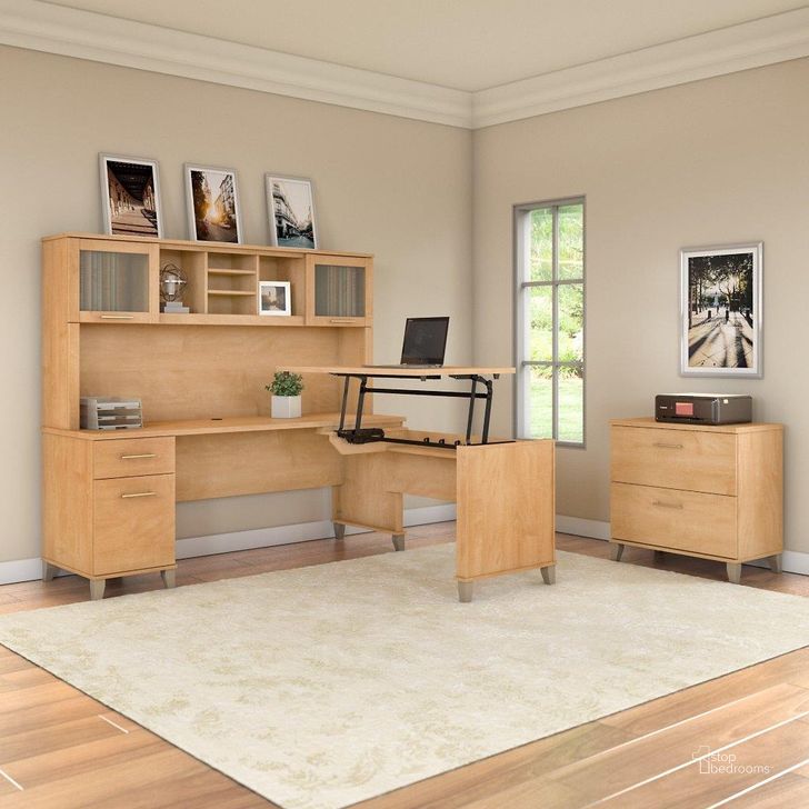 The appearance of Bush Furniture Somerset 72W 3 Position Sit To Stand L Shaped Desk with Hutch and File Cabinet in Maple Cross designed by Bush Furniture in the modern / contemporary interior design. This maple cross piece of furniture  was selected by 1StopBedrooms from Somerset Collection to add a touch of cosiness and style into your home. Sku: SET016MC. Product Type: Desk & Hutch. Image1