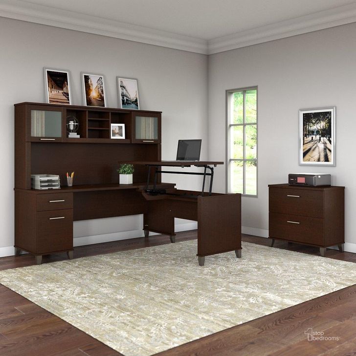The appearance of Bush Furniture Somerset 72W 3 Position Sit To Stand L Shaped Desk with Hutch and File Cabinet in Mocha Cherry designed by Bush Furniture in the modern / contemporary interior design. This mocha cherry piece of furniture  was selected by 1StopBedrooms from Somerset Collection to add a touch of cosiness and style into your home. Sku: SET016MR. Product Type: Desk & Hutch. Image1