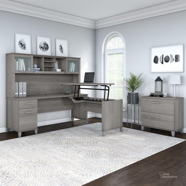 The appearance of Bush Furniture Somerset 72W 3 Position Sit To Stand L Shaped Desk with Hutch and File Cabinet in Platinum Gray designed by Bush Furniture in the modern / contemporary interior design. This platinum gray piece of furniture  was selected by 1StopBedrooms from Somerset Collection to add a touch of cosiness and style into your home. Sku: SET016PG. Product Type: Desk & Hutch. Image1