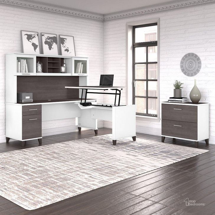 The appearance of Bush Furniture Somerset 72W 3 Position Sit To Stand L Shaped Desk with Hutch and File Cabinet in White and Storm Gray designed by Bush Furniture in the modern / contemporary interior design. This storm gray and white piece of furniture  was selected by 1StopBedrooms from Somerset Collection to add a touch of cosiness and style into your home. Sku: SET016SGWH. Product Type: Desk & Hutch. Image1