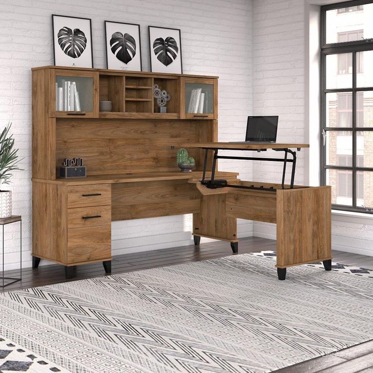 The appearance of Bush Furniture Somerset 72W 3 Position Sit To Stand L Shaped Desk with Hutch in Fresh Walnut designed by Bush Furniture in the modern / contemporary interior design. This fresh walnut piece of furniture  was selected by 1StopBedrooms from Somerset Collection to add a touch of cosiness and style into your home. Sku: SET015FW. Product Type: Desk & Hutch. Image1