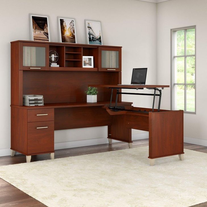The appearance of Bush Furniture Somerset 72W 3 Position Sit To Stand L Shaped Desk with Hutch in Hansen Cherry designed by Bush Furniture in the modern / contemporary interior design. This hansen cherry piece of furniture  was selected by 1StopBedrooms from Somerset Collection to add a touch of cosiness and style into your home. Sku: SET015HC. Product Type: Desk & Hutch. Image1