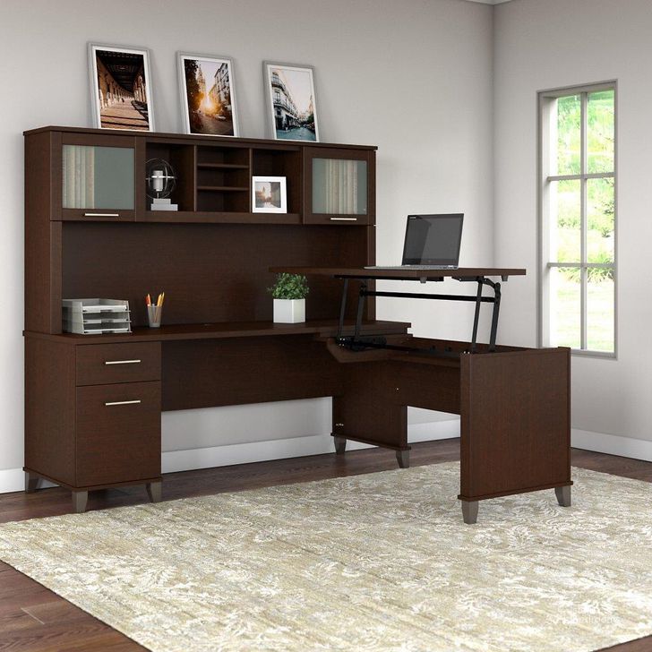 The appearance of Bush Furniture Somerset 72W 3 Position Sit To Stand L Shaped Desk with Hutch in Mocha Cherry designed by Bush Furniture in the modern / contemporary interior design. This mocha cherry piece of furniture  was selected by 1StopBedrooms from Somerset Collection to add a touch of cosiness and style into your home. Sku: SET015MR. Product Type: Desk & Hutch. Image1