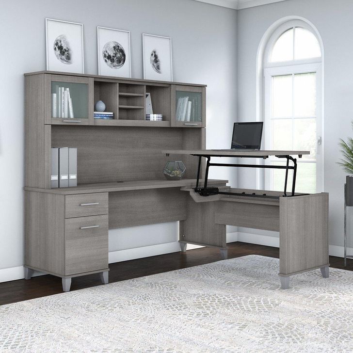 The appearance of Bush Furniture Somerset 72W 3 Position Sit To Stand L Shaped Desk with Hutch in Platinum Gray designed by Bush Furniture in the modern / contemporary interior design. This platinum gray piece of furniture  was selected by 1StopBedrooms from Somerset Collection to add a touch of cosiness and style into your home. Sku: SET015PG. Product Type: Desk & Hutch. Image1