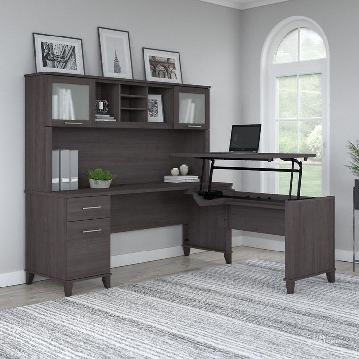 The appearance of Bush Furniture Somerset 72W 3 Position Sit To Stand L Shaped Desk with Hutch in Storm Gray designed by Bush Furniture in the modern / contemporary interior design. This storm gray piece of furniture  was selected by 1StopBedrooms from Somerset Collection to add a touch of cosiness and style into your home. Sku: SET015SG. Product Type: Desk & Hutch. Image1