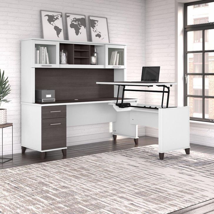 The appearance of Bush Furniture Somerset 72W 3 Position Sit To Stand L Shaped Desk with Hutch in White and Storm Gray designed by Bush Furniture in the modern / contemporary interior design. This storm gray and white piece of furniture  was selected by 1StopBedrooms from Somerset Collection to add a touch of cosiness and style into your home. Sku: SET015SGWH. Product Type: Desk & Hutch. Image1