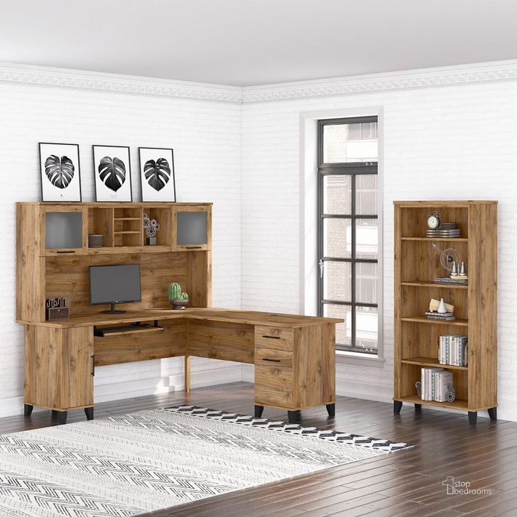 The appearance of Bush Furniture Somerset 72W L Shaped Desk with Hutch and 5 Shelf Bookcase in Fresh Walnut designed by Bush Furniture in the modern / contemporary interior design. This fresh walnut piece of furniture  was selected by 1StopBedrooms from Somerset Collection to add a touch of cosiness and style into your home. Sku: SET011FW. Product Type: Desk & Hutch. Image1