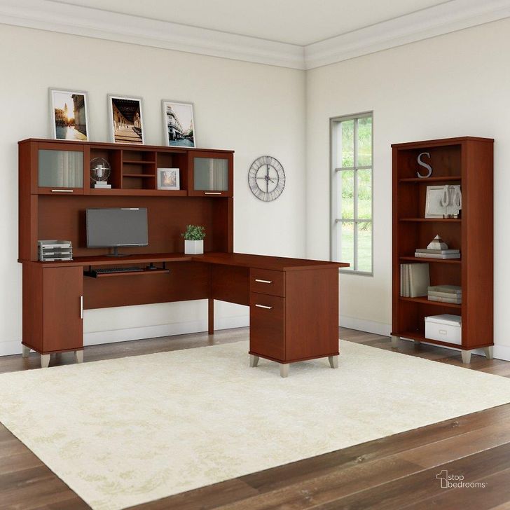 The appearance of Bush Furniture Somerset 72W L Shaped Desk with Hutch and 5 Shelf Bookcase in Hansen Cherry designed by Bush Furniture in the modern / contemporary interior design. This hansen cherry piece of furniture  was selected by 1StopBedrooms from Somerset Collection to add a touch of cosiness and style into your home. Sku: SET011HC. Product Type: Desk & Hutch. Image1