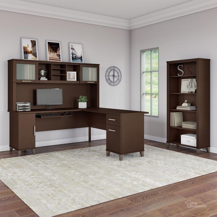 The appearance of Bush Furniture Somerset 72W L Shaped Desk with Hutch and 5 Shelf Bookcase in Mocha Cherry designed by Bush Furniture in the modern / contemporary interior design. This mocha cherry piece of furniture  was selected by 1StopBedrooms from Somerset Collection to add a touch of cosiness and style into your home. Sku: SET011MR. Product Type: Desk & Hutch. Image1