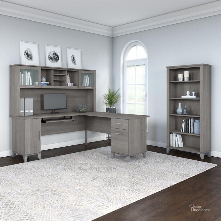 The appearance of Bush Furniture Somerset 72W L Shaped Desk with Hutch and 5 Shelf Bookcase in Platinum Gray designed by Bush Furniture in the modern / contemporary interior design. This platinum gray piece of furniture  was selected by 1StopBedrooms from Somerset Collection to add a touch of cosiness and style into your home. Sku: SET011PG. Product Type: Desk & Hutch. Image1