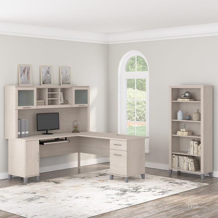 The appearance of Bush Furniture Somerset 72W L Shaped Desk with Hutch and 5 Shelf Bookcase in Sand Oak designed by Bush Furniture in the modern / contemporary interior design. This sand oak piece of furniture  was selected by 1StopBedrooms from Somerset Collection to add a touch of cosiness and style into your home. Sku: SET011SO. Product Type: Desk & Hutch. Image1