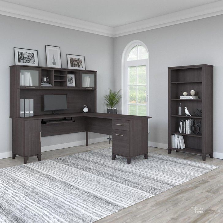 The appearance of Bush Furniture Somerset 72W L Shaped Desk with Hutch and 5 Shelf Bookcase in Storm Gray designed by Bush Furniture in the modern / contemporary interior design. This storm gray piece of furniture  was selected by 1StopBedrooms from Somerset Collection to add a touch of cosiness and style into your home. Sku: SET011SG. Product Type: Desk & Hutch. Image1