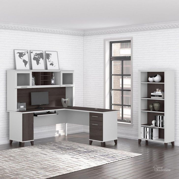 The appearance of Bush Furniture Somerset 72W L Shaped Desk with Hutch and 5 Shelf Bookcase in White and Storm Gray designed by Bush Furniture in the modern / contemporary interior design. This storm gray and white piece of furniture  was selected by 1StopBedrooms from Somerset Collection to add a touch of cosiness and style into your home. Sku: SET011SGWH. Product Type: Desk & Hutch. Image1