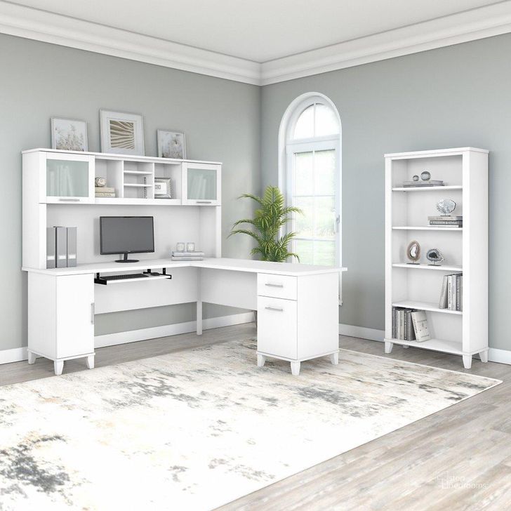 The appearance of Bush Furniture Somerset 72W L Shaped Desk with Hutch and 5 Shelf Bookcase in White designed by Bush Furniture in the modern / contemporary interior design. This white piece of furniture  was selected by 1StopBedrooms from Somerset Collection to add a touch of cosiness and style into your home. Sku: SET011WH. Product Type: Desk & Hutch. Image1