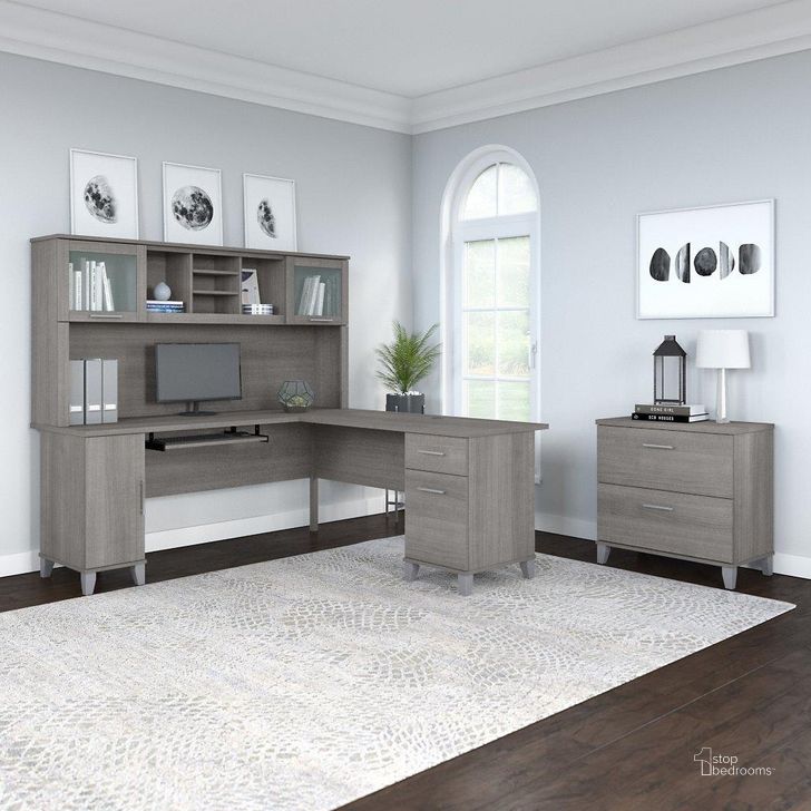The appearance of Bush Furniture Somerset 72W L Shaped Desk with Hutch and Lateral File Cabinet in Platinum Gray designed by Bush Furniture in the modern / contemporary interior design. This platinum gray piece of furniture  was selected by 1StopBedrooms from Somerset Collection to add a touch of cosiness and style into your home. Sku: SET009PG. Product Type: Desk & Hutch. Image1