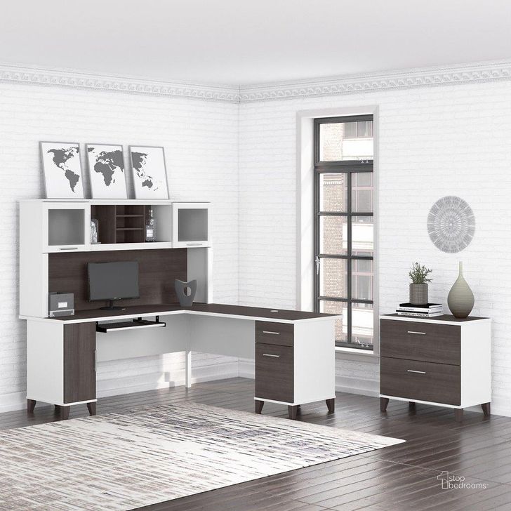 The appearance of Bush Furniture Somerset 72W L Shaped Desk with Hutch and Lateral File Cabinet in White and Storm Gray designed by Bush Furniture in the modern / contemporary interior design. This storm gray and white piece of furniture  was selected by 1StopBedrooms from Somerset Collection to add a touch of cosiness and style into your home. Sku: SET009SGWH. Product Type: Desk & Hutch. Image1