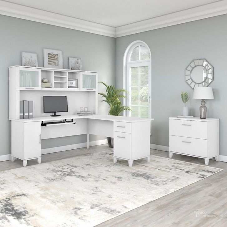 The appearance of Bush Furniture Somerset 72W L Shaped Desk with Hutch and Lateral File Cabinet in White designed by Bush Furniture in the modern / contemporary interior design. This white piece of furniture  was selected by 1StopBedrooms from Somerset Collection to add a touch of cosiness and style into your home. Sku: SET009WH. Product Type: Desk & Hutch. Image1