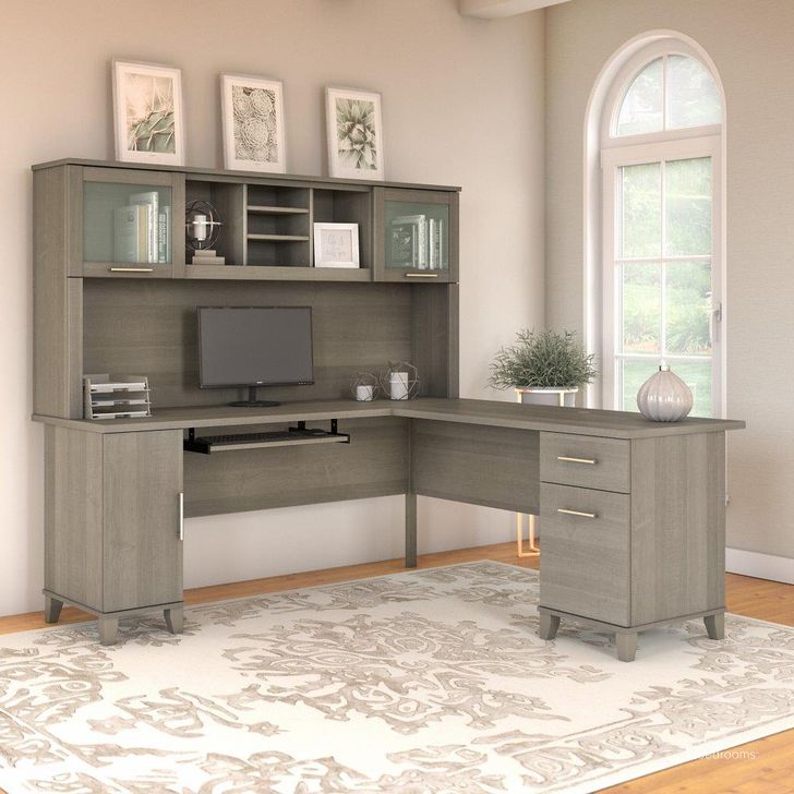 The appearance of Bush Furniture Somerset 72W L Shaped Desk with Hutch in Ash Gray designed by Bush Furniture in the modern / contemporary interior design. This ash gray piece of furniture  was selected by 1StopBedrooms from Somerset Collection to add a touch of cosiness and style into your home. Sku: SET001AG. Product Type: Desk & Hutch. Image1