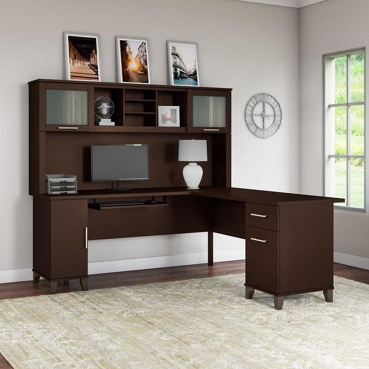 The appearance of Bush Furniture Somerset 72W L Shaped Desk with Hutch in Mocha Cherry designed by Bush Furniture in the modern / contemporary interior design. This mocha cherry piece of furniture  was selected by 1StopBedrooms from Somerset Collection to add a touch of cosiness and style into your home. Sku: SET001MR. Product Type: Desk & Hutch. Image1