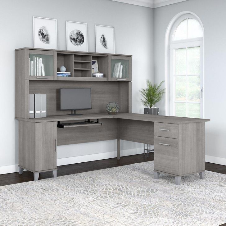 The appearance of Bush Furniture Somerset 72W L Shaped Desk with Hutch in Platinum Gray designed by Bush Furniture in the modern / contemporary interior design. This platinum gray piece of furniture  was selected by 1StopBedrooms from Somerset Collection to add a touch of cosiness and style into your home. Sku: SET001PG. Product Type: Desk & Hutch. Image1