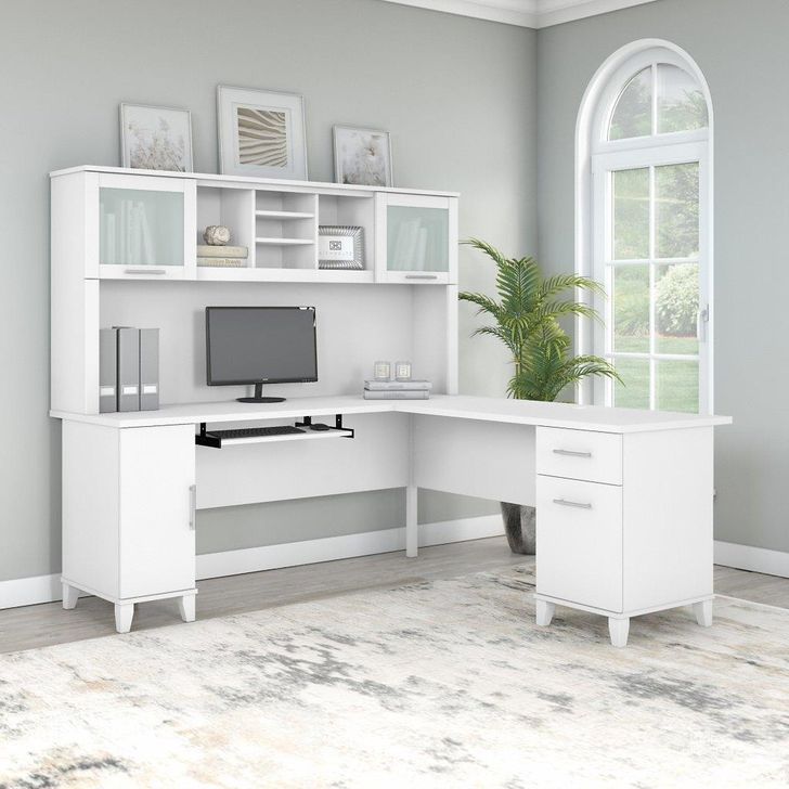 The appearance of Bush Furniture Somerset 72W L Shaped Desk with Hutch in White designed by Bush Furniture in the modern / contemporary interior design. This white piece of furniture  was selected by 1StopBedrooms from Somerset Collection to add a touch of cosiness and style into your home. Sku: SET001WH. Product Type: Desk & Hutch. Image1