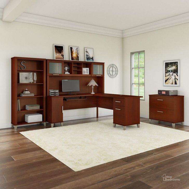 The appearance of Bush Furniture Somerset 72W L Shaped Desk with Hutch, Lateral File Cabinet and Bookcase in Hansen Cherry designed by Bush Furniture in the modern / contemporary interior design. This hansen cherry piece of furniture  was selected by 1StopBedrooms from Somerset Collection to add a touch of cosiness and style into your home. Sku: SET012HC. Product Type: Desk & Hutch. Image1